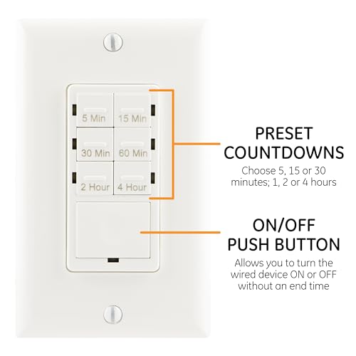 GE Push-Button Countdown Timer Switch, 5-15-30 Minute/1-2-4 Hour, ON/Off, No Neutral Wire Needed, Ideal for Lights, Exhaust Fans, Heaters, Wall Plate Included, Light Switch Timer, Fan Switch, 15318 White - Image 3