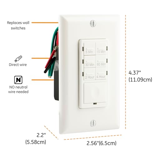 GE Push-Button Countdown Timer Switch, 5-15-30 Minute/1-2-4 Hour, ON/Off, No Neutral Wire Needed, Ideal for Lights, Exhaust Fans, Heaters, Wall Plate Included, Light Switch Timer, Fan Switch, 15318 White - Image 2