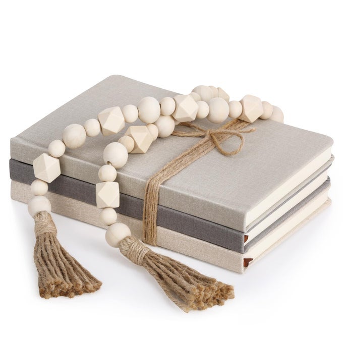 3 PIECES FAUX DECORATIVE BOOKS SET FOR HOME DECOR FAKE BOOK FOR SHELVES COFFEE TABLE STACKED LINEN COVERED DISPLAY DECOR WITH WOOD BEAD BOOKEND GIFT FOR LIVING ROOMCLASSICAL COLOR