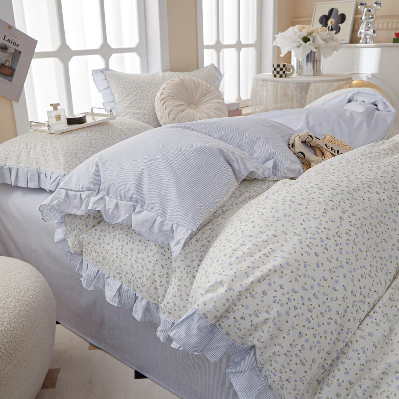 MOTNTD Floral Duvet Cover Queen Size Blue Ruffle Boho Queen Comforter Cover Light Weight Cotton Cute Cozy Duvet Cover Set with 2 Pillow Cases Striped Queen Size Bedding Aesthetic Duvet Protector - Image 3