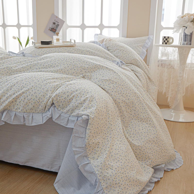 MOTNTD Floral Duvet Cover Queen Size Blue Ruffle Boho Queen Comforter Cover Light Weight Cotton Cute Cozy Duvet Cover Set with 2 Pillow Cases Striped Queen Size Bedding Aesthetic Duvet Protector - Image 2