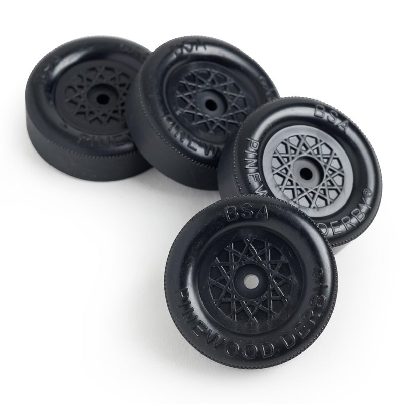 Pinewood Pro BSA Speed Wheels | Lightly Lathed by Pinewood Pro | Set of 4 | For use on pine derby cars | Faster starts and higher speeds | Derby rule compliant | Track tested - Image 1