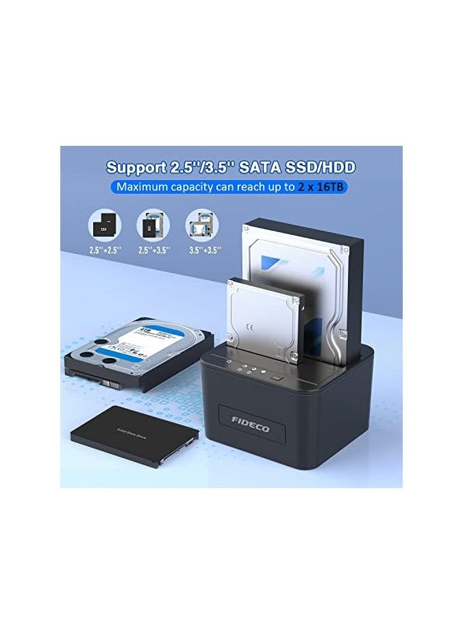 FIDECO - Hard Drive Docking Station, USB 3.0 SATA HDD Docking Station for 2.5 & 3.5 inch SATA HDD/SSD, Dual Bay, Support Offline Clone and 2X 16TB Hard Drives - Image 1
