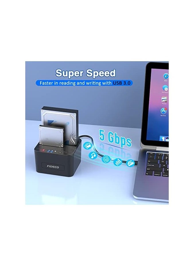 FIDECO - Hard Drive Docking Station, USB 3.0 SATA HDD Docking Station for 2.5 & 3.5 inch SATA HDD/SSD, Dual Bay, Support Offline Clone and 2X 16TB Hard Drives - Image 1
