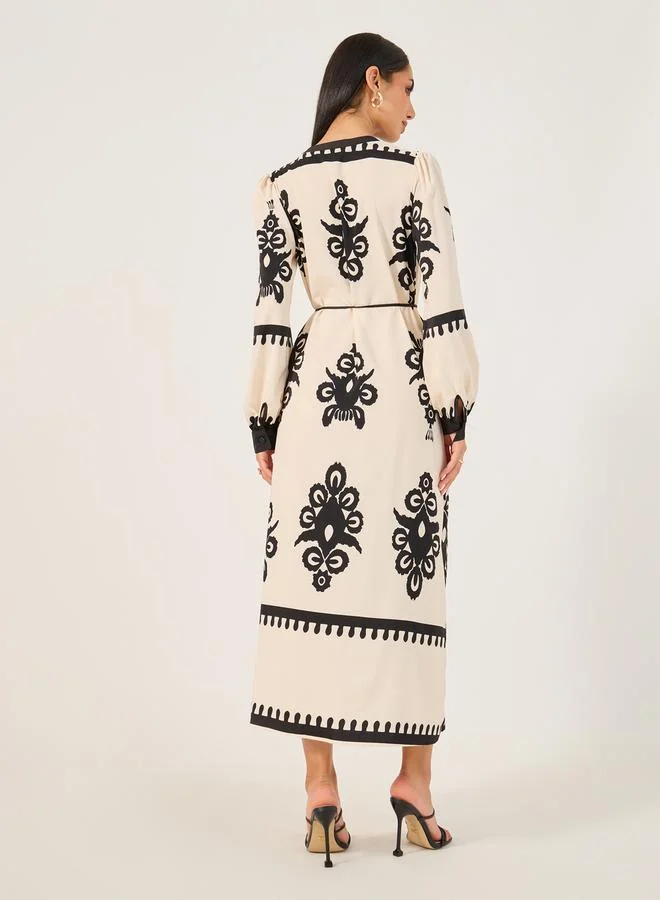 Take Two All Over Print V Neck Shirt Midi Dress by Styli