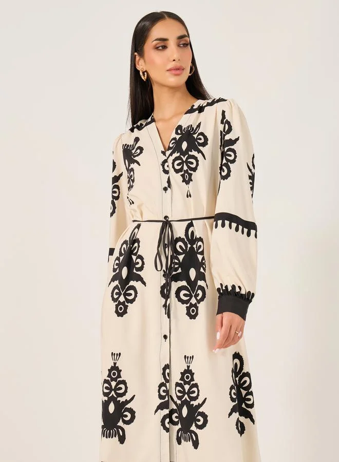 Take Two All Over Print V Neck Shirt Midi Dress by Styli