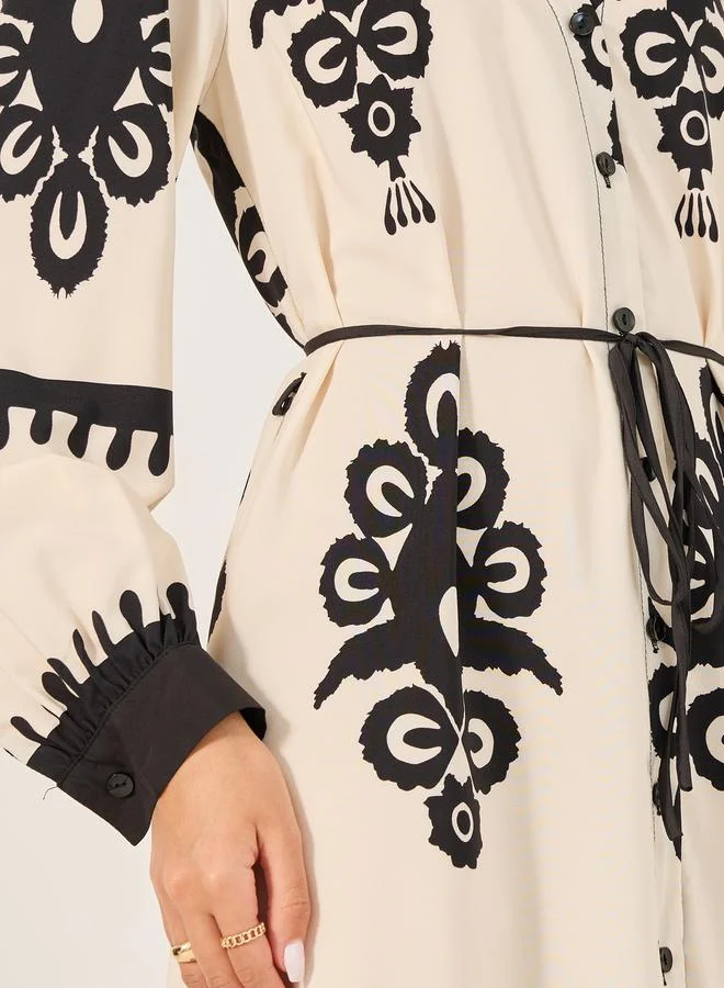 Take Two All Over Print V Neck Shirt Midi Dress by Styli