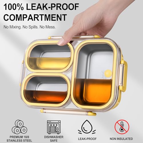 KTKUDY Stainless Steel Bento Box for Kids & Adults - 25 oz - Leakproof 3 Compartment Metal Lunch Container - 18/8 Stainless Steel Lunch Box Kids - Ideal for School, Office & Outdoor (Yellow) - Image 4