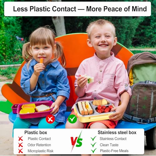 KTKUDY Stainless Steel Bento Box for Kids & Adults - 25 oz - Leakproof 3 Compartment Metal Lunch Container - 18/8 Stainless Steel Lunch Box Kids - Ideal for School, Office & Outdoor (Yellow) - Image 3