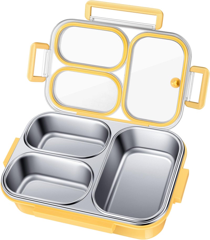 KTKUDY Stainless Steel Bento Box for Kids & Adults - 25 oz - Leakproof 3 Compartment Metal Lunch Container - 18/8 Stainless Steel Lunch Box Kids - Ideal for School, Office & Outdoor (Yellow) - Image 1