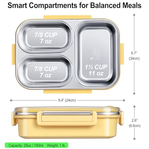KTKUDY Stainless Steel Bento Box for Kids & Adults - 25 oz - Leakproof 3 Compartment Metal Lunch Container - 18/8 Stainless Steel Lunch Box Kids - Ideal for School, Office & Outdoor (Yellow) - Image 5