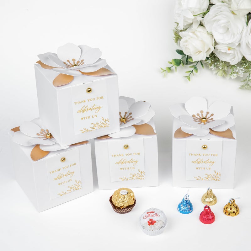 FEIYI 20 PCS White Gift Boxes, 3 In 1 Favor Boxes with Floral Decor, White Thank You Tags Cupcake Containers Gift wrapping for Wedding, Baby Shower, Birthday, Decorations Party - 3.55x3.55x3.55 - Image 3
