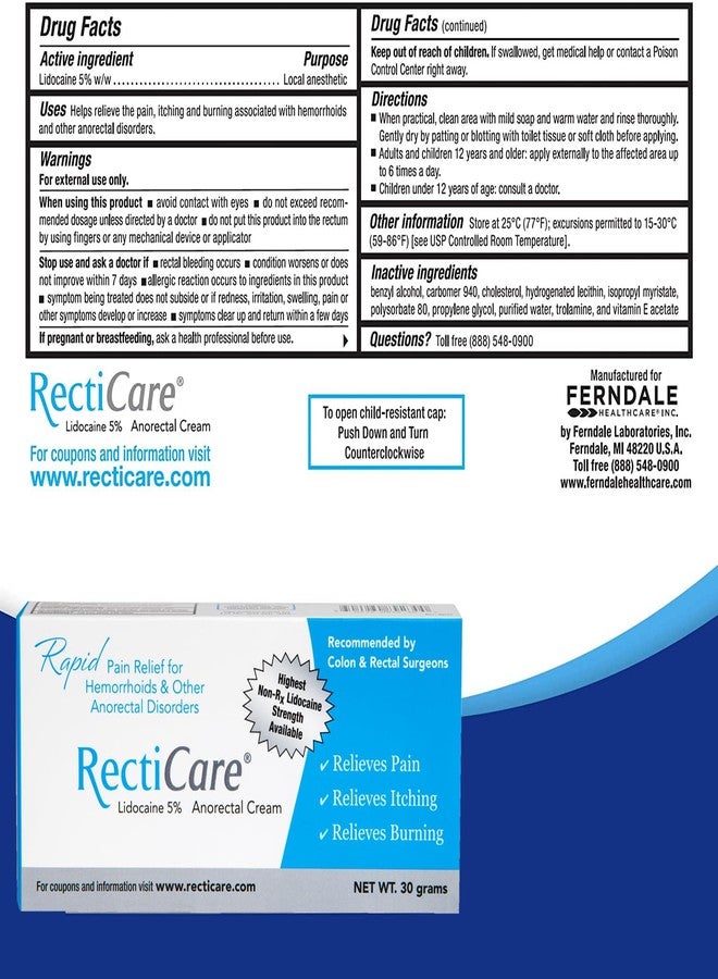 RectiCare Anorectal Lidocaine 5% Cream: Topical Numbing Cream for Treatment of Hemorrhoids & Other Anorectal Disorders - 30g Tube - Image 4