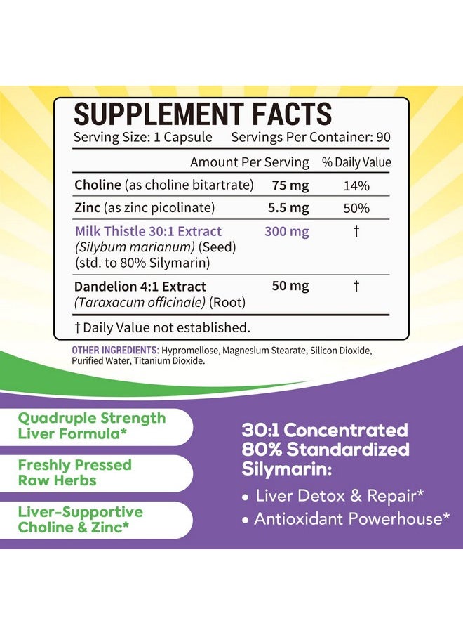 Surebounty - 4In1 Milk Thistle Complex For Men & Women 30X Milk Thistle Extract (80% Silymarin) With Dandelion Choline Zinc Liver Detox & Repair Nongmo Once Daily 90 Veggie Caps - Image 1