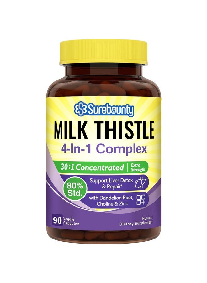 Surebounty - 4In1 Milk Thistle Complex For Men & Women 30X Milk Thistle Extract (80% Silymarin) With Dandelion Choline Zinc Liver Detox & Repair Nongmo Once Daily 90 Veggie Caps - Image 1