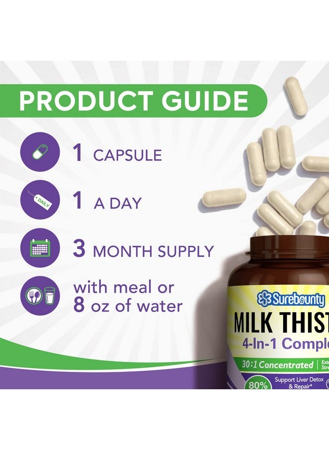 Surebounty - 4In1 Milk Thistle Complex For Men & Women 30X Milk Thistle Extract (80% Silymarin) With Dandelion Choline Zinc Liver Detox & Repair Nongmo Once Daily 90 Veggie Caps - Image 1