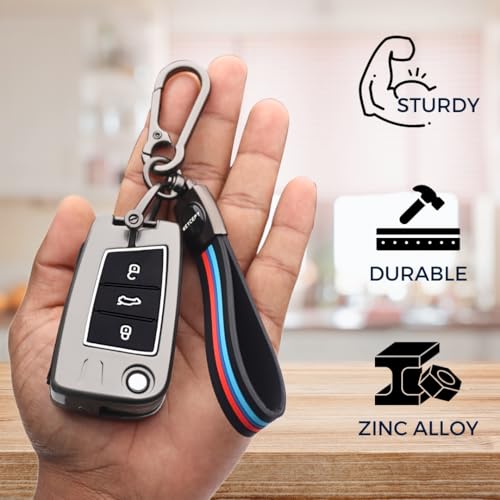 KEYCEPT Metal Alloy Key Cover for Skoda and Volkswagen - Kushaq | Octavia | Kodiaq | Superb | Slavia | Passat | Taigun | Tiguan | Virtus | T ROC 3 Button flip Key with Keychain (Long Keychain). - Image 3