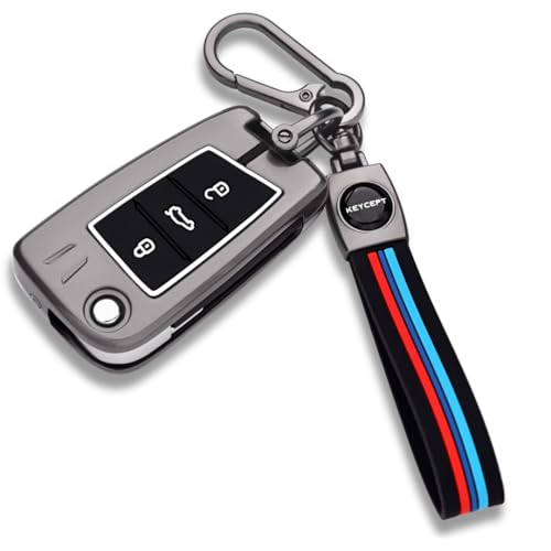 KEYCEPT Metal Alloy Key Cover for Skoda and Volkswagen - Kushaq | Octavia | Kodiaq | Superb | Slavia | Passat | Taigun | Tiguan | Virtus | T ROC 3 Button flip Key with Keychain (Long Keychain). - Image 1