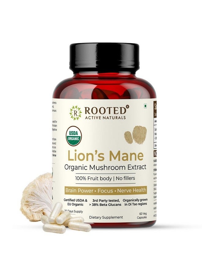 Rooted Active's Lion's Mane Mushroom for Brain Health Support - Mushroom Support for Focus & Memory Function - Immune & Nervous System Supplement | USDA Organic | 60 Caps - Image 1