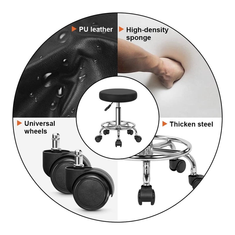 كي كي تونر كرسي دوار دائري من الجلد الصناعي مع مسند قدم قابل للتعديل للاستخدام الطبي والمنتجعات الصحية والصالونات والوشم والعمل والمكتب والتدليك بلون اسود - Image 5