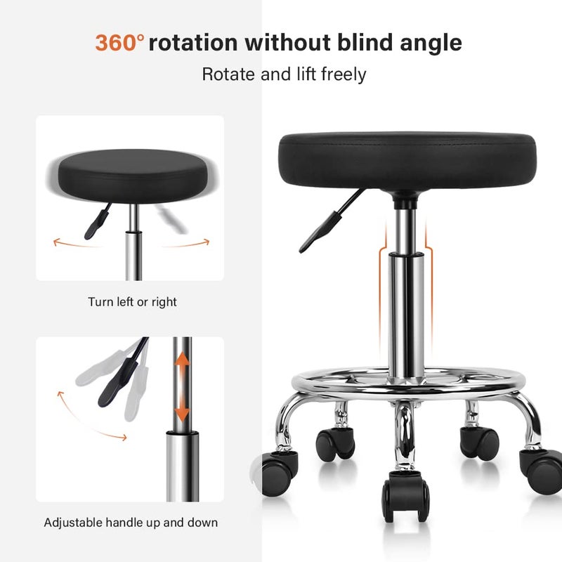 كي كي تونر كرسي دوار دائري من الجلد الصناعي مع مسند قدم قابل للتعديل للاستخدام الطبي والمنتجعات الصحية والصالونات والوشم والعمل والمكتب والتدليك بلون اسود - Image 4