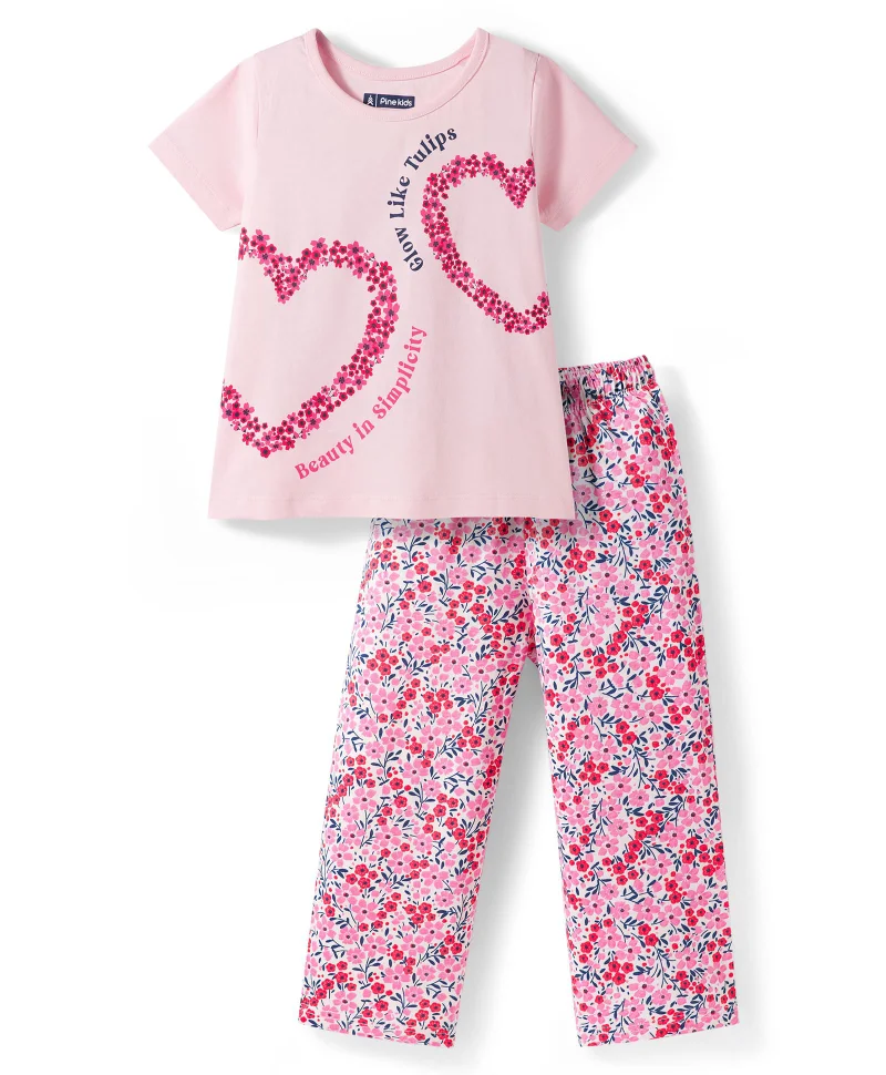 Pine Kids Pine Kids Single Jersey Knit Half Sleeves Pajama Night Suit with Floral Print - Pink