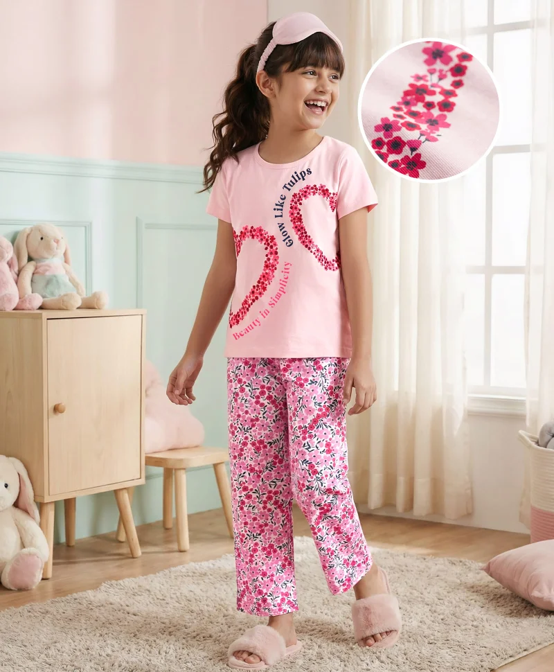 Pine Kids Pine Kids Single Jersey Knit Half Sleeves Pajama Night Suit with Floral Print - Pink
