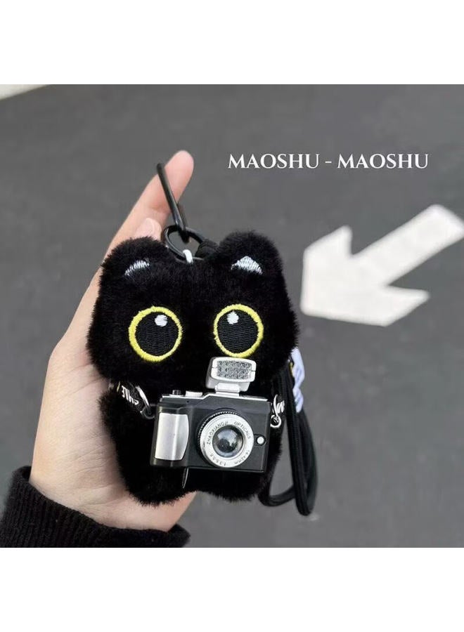 Murcia Cute Adorable Big-eyed Black Cat Holding Little Fish Plush Doll Couple Bag Charm Creative Little Black Cat Keychain - Image 1