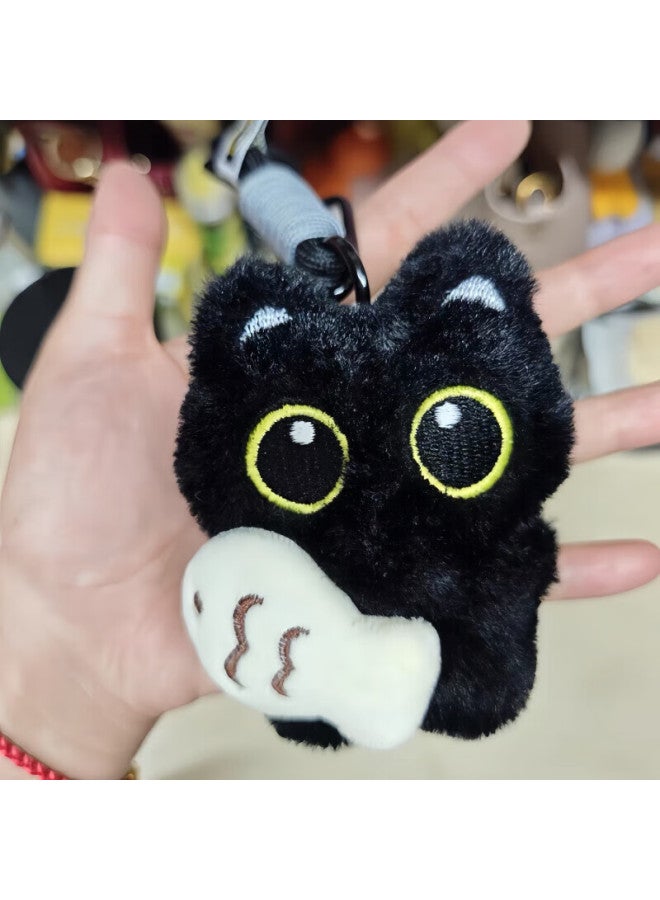 Murcia Cute Adorable Big-eyed Black Cat Holding Little Fish Plush Doll Couple Bag Charm Creative Little Black Cat Keychain - Image 4