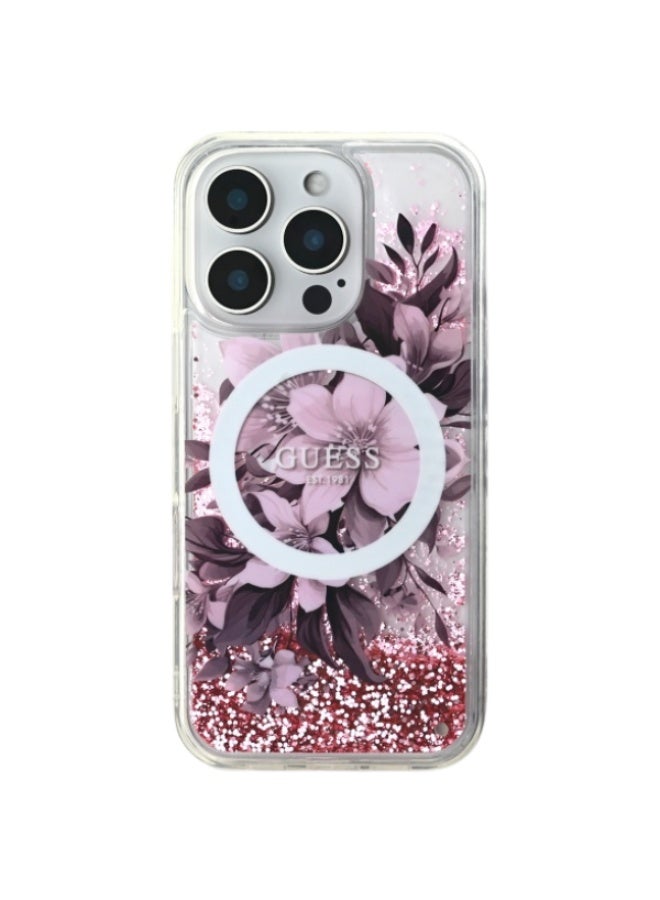 GUESS Guess Magsafe Liquid Glitter Hard Case With Flower Design For iPhone 16 Pro Max - Pink - Image 1