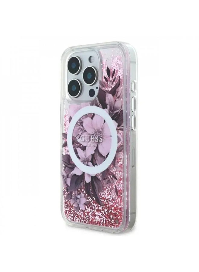 GUESS Guess Magsafe Liquid Glitter Hard Case With Flower Design For iPhone 16 Pro Max - Pink - Image 2