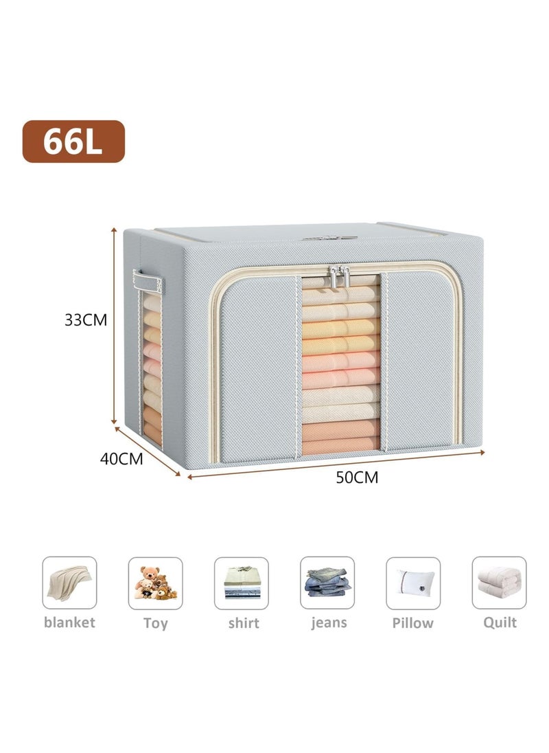 MUDISO Clothes Storage Bins Metal Frame Clothes Storage Organizer Bedding Storage Bags with Zipper and Clear Windows, Closet Organizers and Storage Boxes Large 66L, Grey  - Image 3