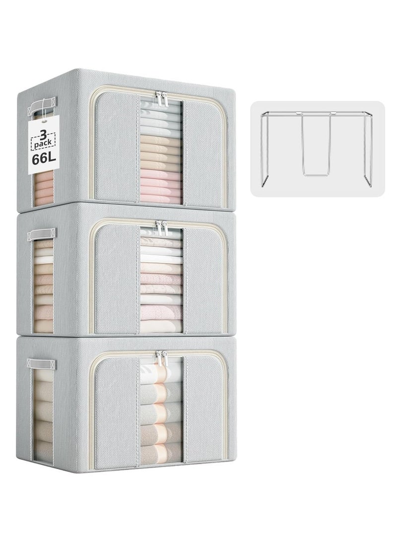 MUDISO Clothes Storage Bins Metal Frame Clothes Storage Organizer Bedding Storage Bags with Zipper and Clear Windows, Closet Organizers and Storage Boxes Large 66L, Grey  - Image 1