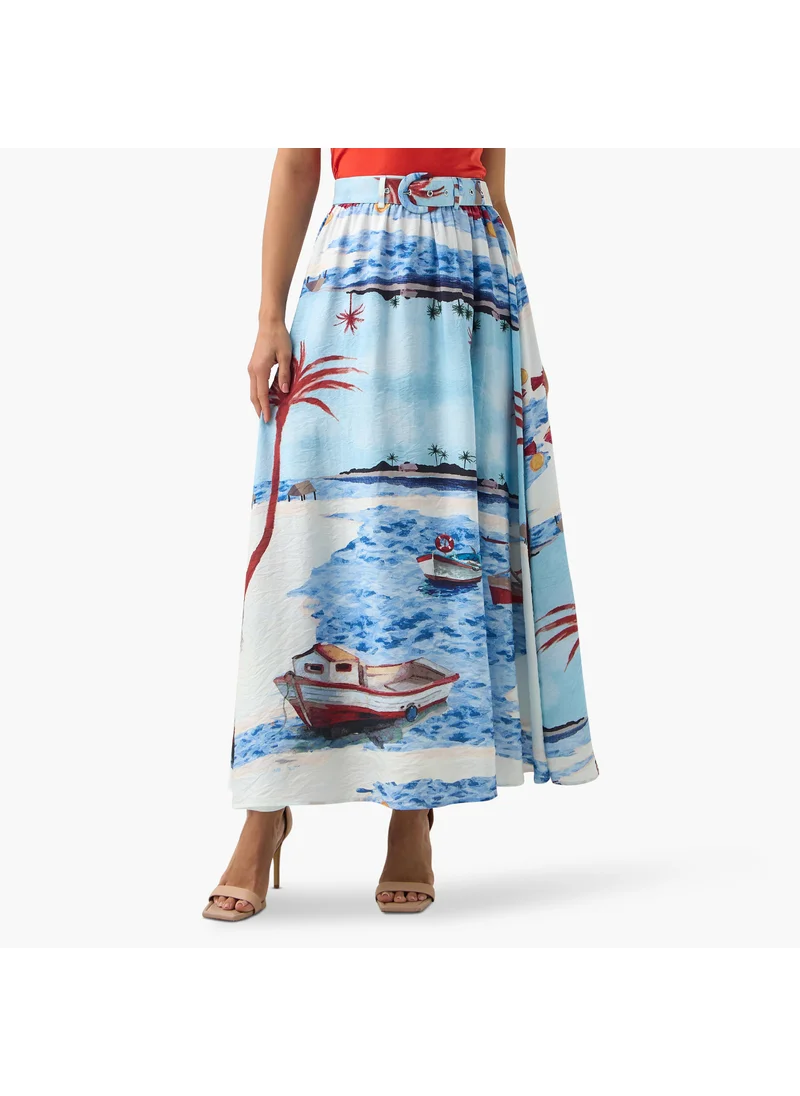 2Xtremz 2Xtremz All-Over Print A-line Midi Skirt with Belt