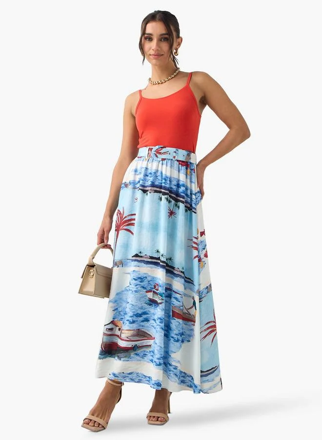 2Xtremz 2Xtremz All-Over Print A-line Midi Skirt with Belt