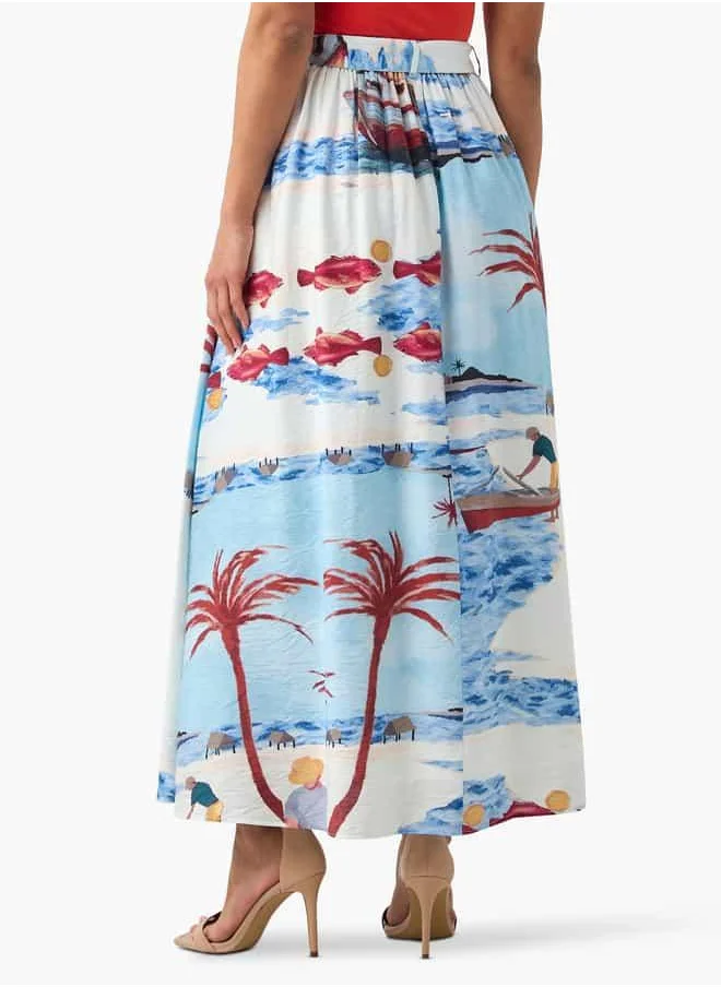 2Xtremz 2Xtremz All-Over Print A-line Midi Skirt with Belt