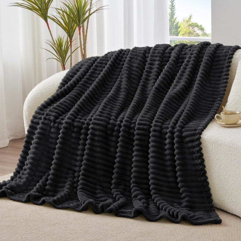 BEDELITE Twin Blanket for Couch & Bed, 300GSM Soft & Warm Fleece Blanket, Decorative and Giftable Striped Black Blankets for Women, Men, 60"x80" - Image 3