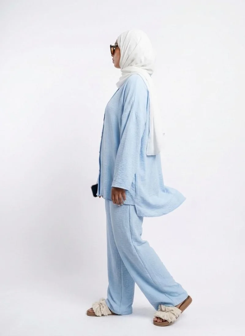 Bond Blue Blue Scada Crepe Shirt & Wide-Leg Pants Set for Women | Best Price UAE