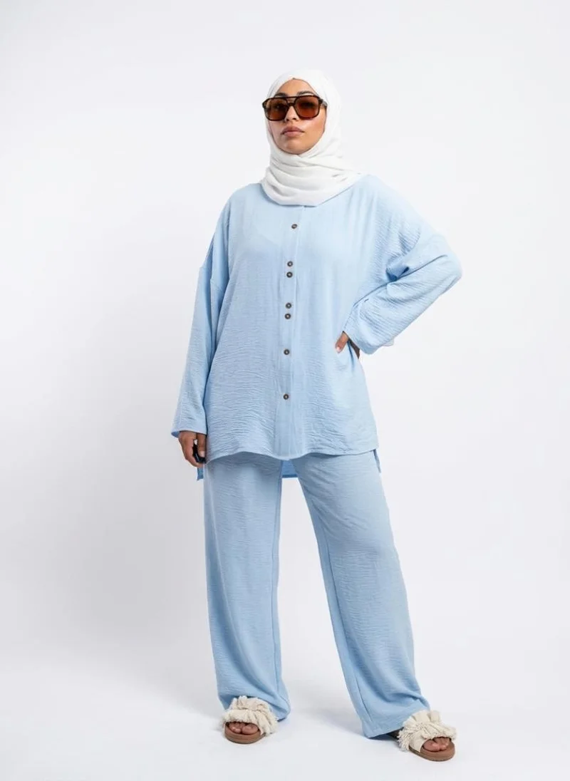 Blue Scada Crepe Shirt & Wide-Leg Pants Set