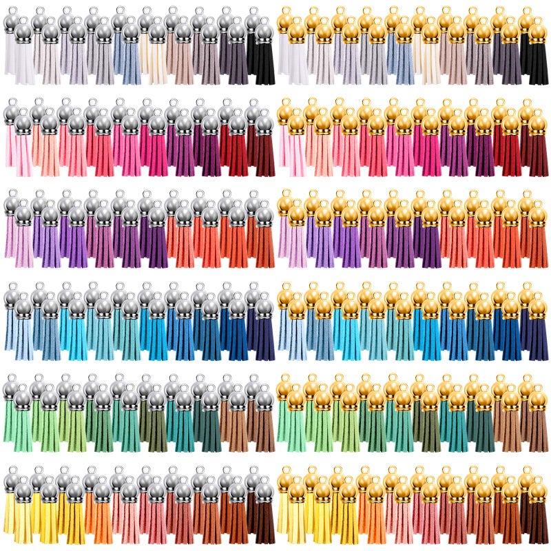 Duufin 240 Pieces Keychain Tassels Bulk Leather Tassel Pendants Colorful Tassel for Keychain Craft and DIY Projects 60 Colors Gold and Silver Cap
