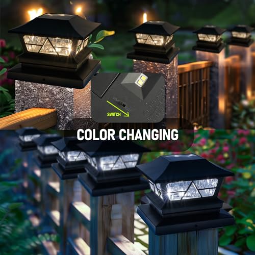 TW SHINE Solar Post Cap Lights 6 Pack, 2 Modes Fence Post Solar Powered Lights Outdoor Waterproof for 4x4 5x5 6x6 Wood Posts Warm White/Cool White for Yard, Garden, Porch, Deck, Patio Decor - Image 3