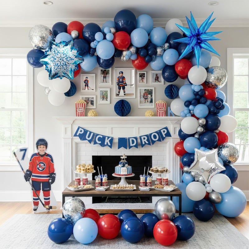 kozee Hockey Birthday Party Decorations & with Red White Blue balloon arch & Snowflake printed Exploding stars Foil balloons for Kids Fans Boys Game Time Winter sports Themed Party Decor Supplies - Image 1