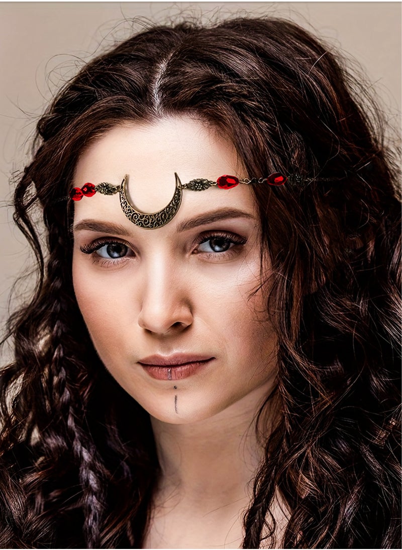 Estelle Moon Pattern Head Chain with Beads Versatile Hair Jewelry for Women Adjustable as Headband or Necklace Ideal for Parties Weddings and Casual Wear Elegant Bronze Red Water Droplets Design  - Image 1