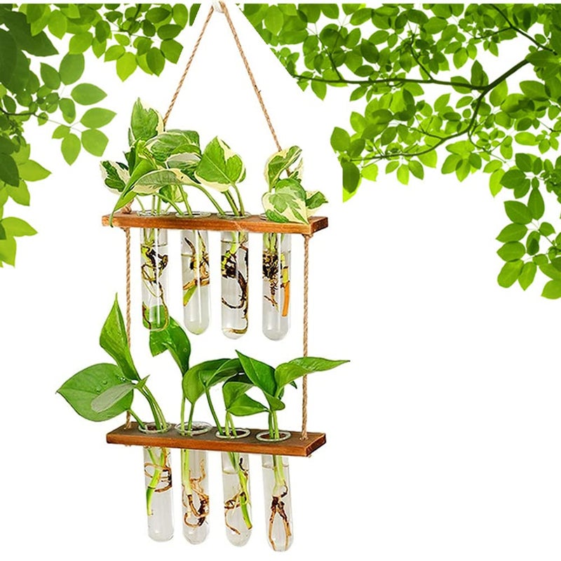 ORANGE NEI حامل نباتات معلق من الخشب بطبقتين مع مزهرية أنبوب زجاجي لزراعة النباتات المائية مثالي للديكور الداخلي والخارجي