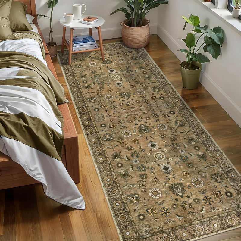 Tangsoo Floral Runner Rug 2x6 Washable Rug for Hallway, Non-Slip Vintage Boho for Entryway Indoor, Brown Print Carpet Runner Rugs, Soft Low Pile Long Runner for Kitchen Bedroom - Image 1