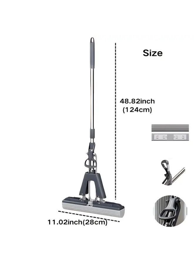 Grey Self Squeeze Sponge Mop With Wringer 48 Inch Stainless Steel Handle For Home Commercial Use - Image 1