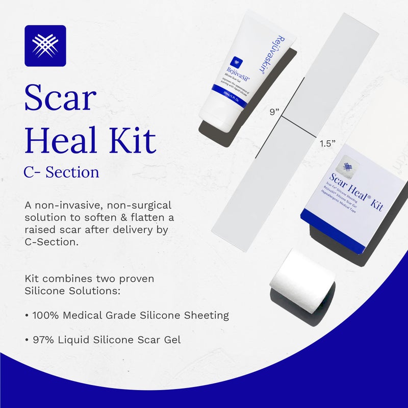 Rejuvaskin Scar Heal Kit for C-Section Scars, Soften, Flatten, Reduce and Recover, Silicone Sheeting, RejuvaSil Gel & Medical Tape, C-Section Sheet - Image 2