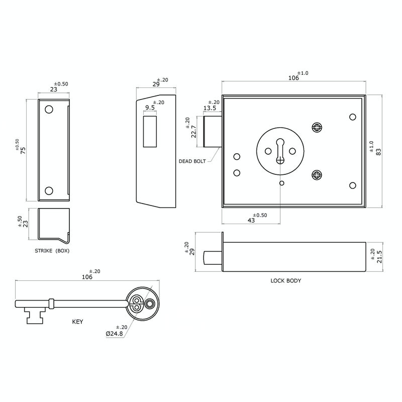 EAI Rim Deadlock Surface Mounted Lock 106 x 83mm Black - Image 2