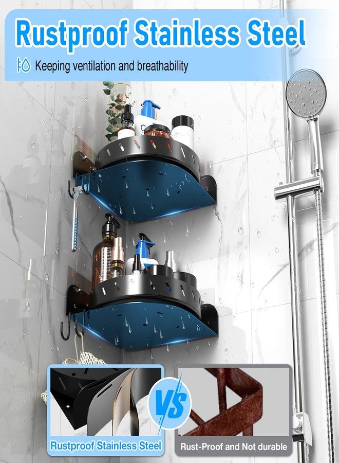 buways 360 Rotating Shower Caddy Shelf With 6 Hooks, 2PACK Bathroom Organizer With 5Pcs Adhesive, Stainless Steel Corner Racks for Home Apartment Decor (Black) - Image 4