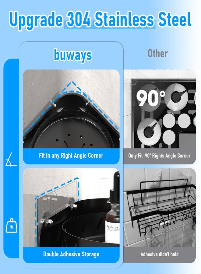 buways 360 Rotating Shower Caddy Shelf With 6 Hooks, 2PACK Bathroom Organizer With 5Pcs Adhesive, Stainless Steel Corner Racks for Home Apartment Decor (Black) - Image 3